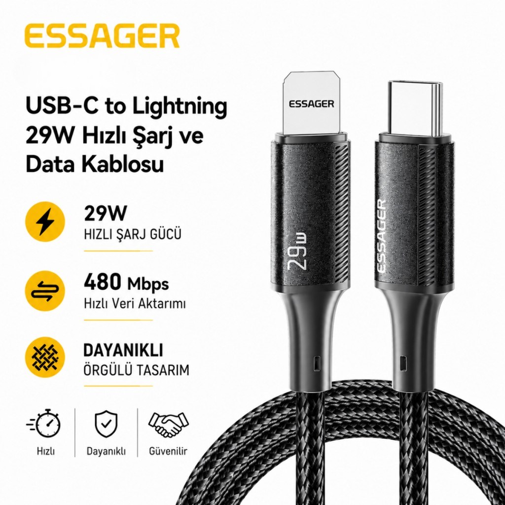 ESSAGER USB-C to Lightning 29W Hızlı Şarj ve Data Kablosu – 480 Mbps Veri Aktarımı, Dayanıklı Örgülü Kablo