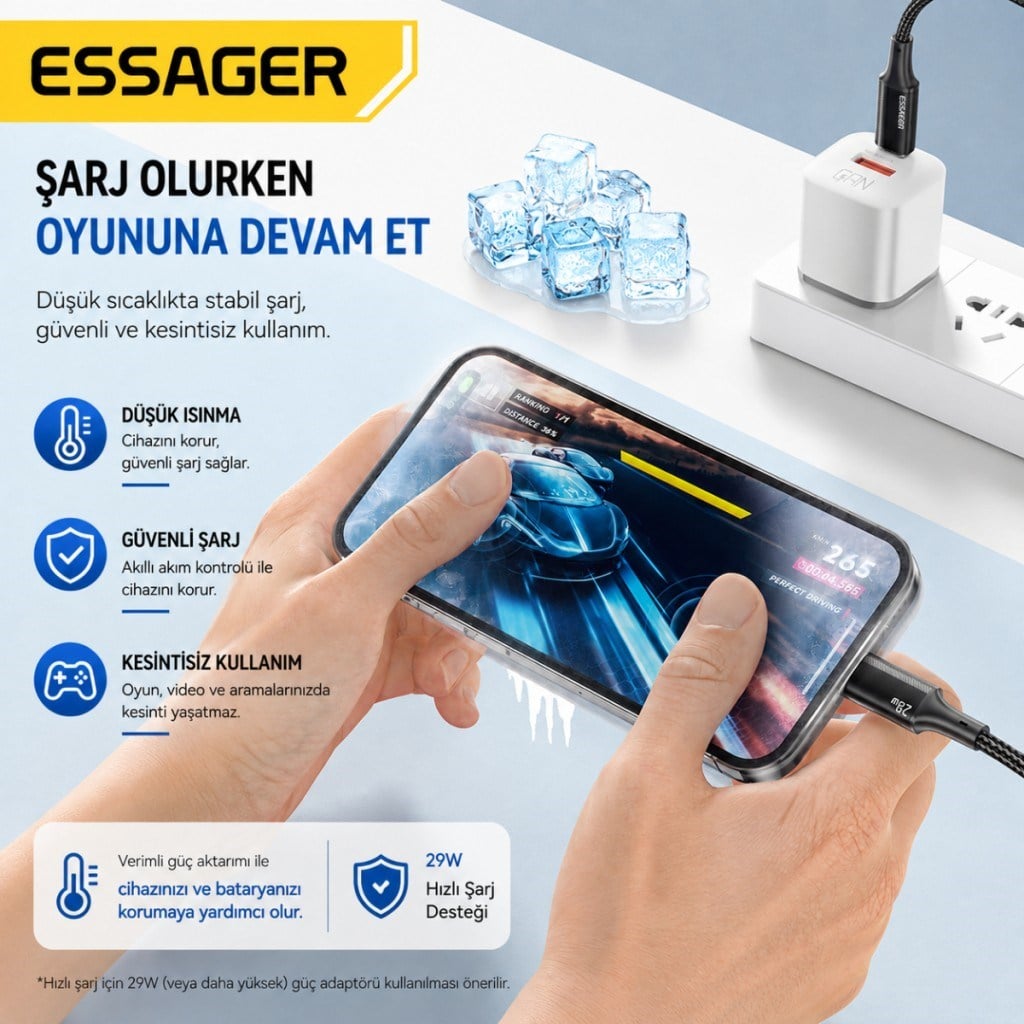 ESSAGER USB-C to Lightning 29W Hızlı Şarj ve Data Kablosu – 480 Mbps Veri Aktarımı, Dayanıklı Örgülü Kablo