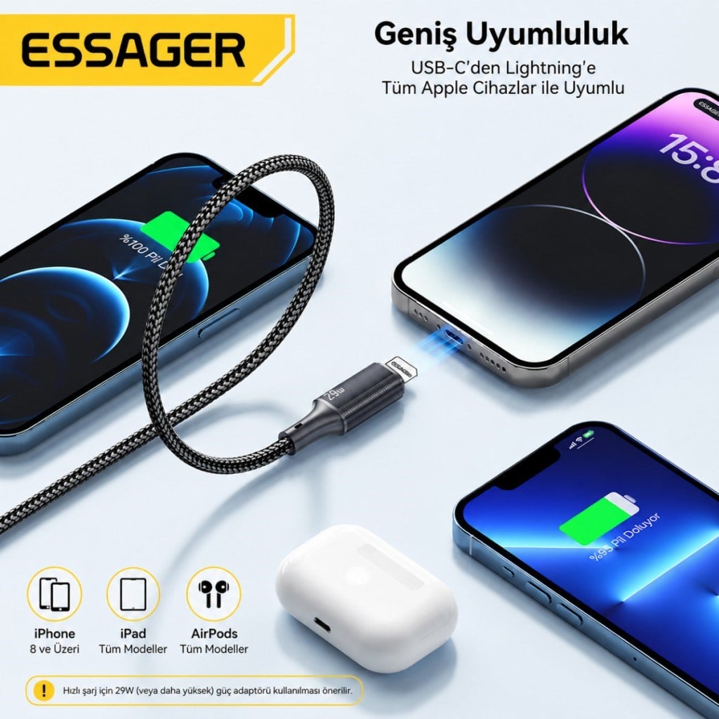 ESSAGER USB-C to Lightning 29W Hızlı Şarj ve Data Kablosu – 480 Mbps Veri Aktarımı, Dayanıklı Örgülü Kablo