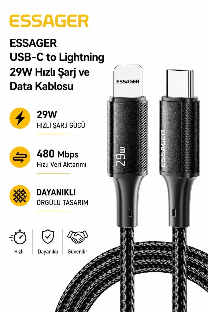 ESSAGER USB-C to Lightning 29W Hızlı Şarj ve Data Kablosu – 480 Mbps Veri Aktarımı, Dayanıklı Örgülü Kablo