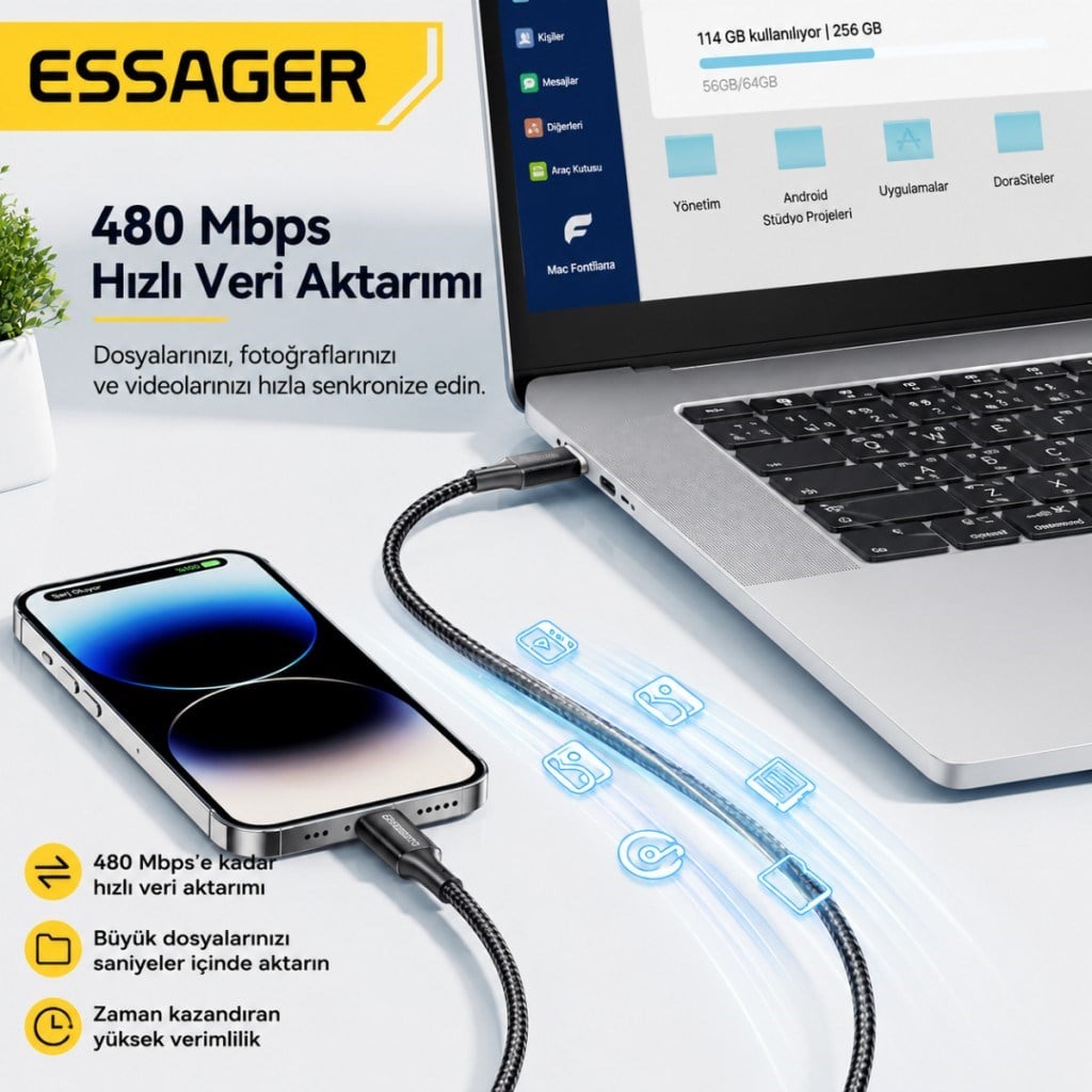 ESSAGER USB-C to Lightning 29W Hızlı Şarj ve Data Kablosu – 480 Mbps Veri Aktarımı, Dayanıklı Örgülü Kablo