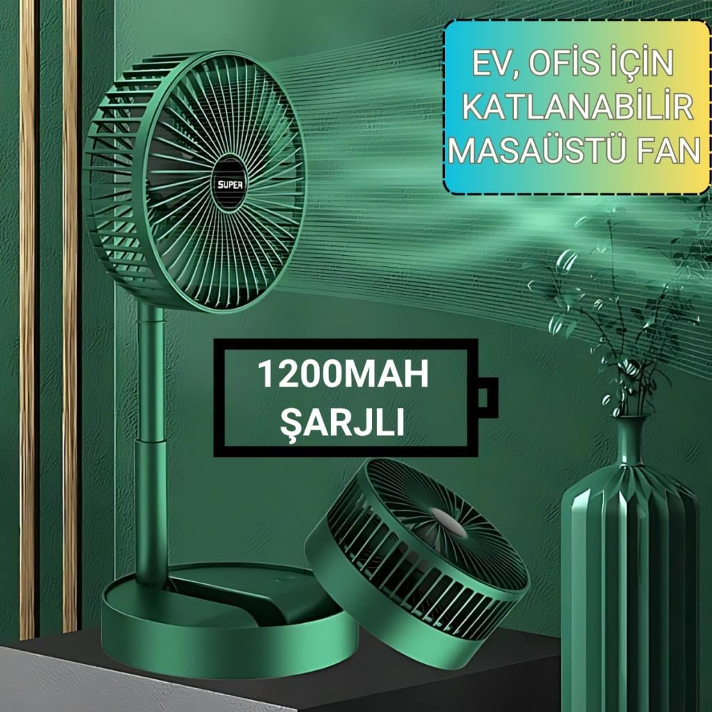 Polham 1200mAh Şarjlı Katlanabilir Telefon Stantlı Masaüstü Serinletici Vantilatör Fan, Katlanır Fan