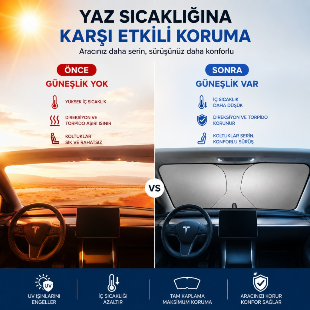 Polham 140x80 CM Tesla Model Y ve Model 3 İle Uyumlu Ön Cam Güneşliği, Isı Yalıtımlı Güneş Koruyucu