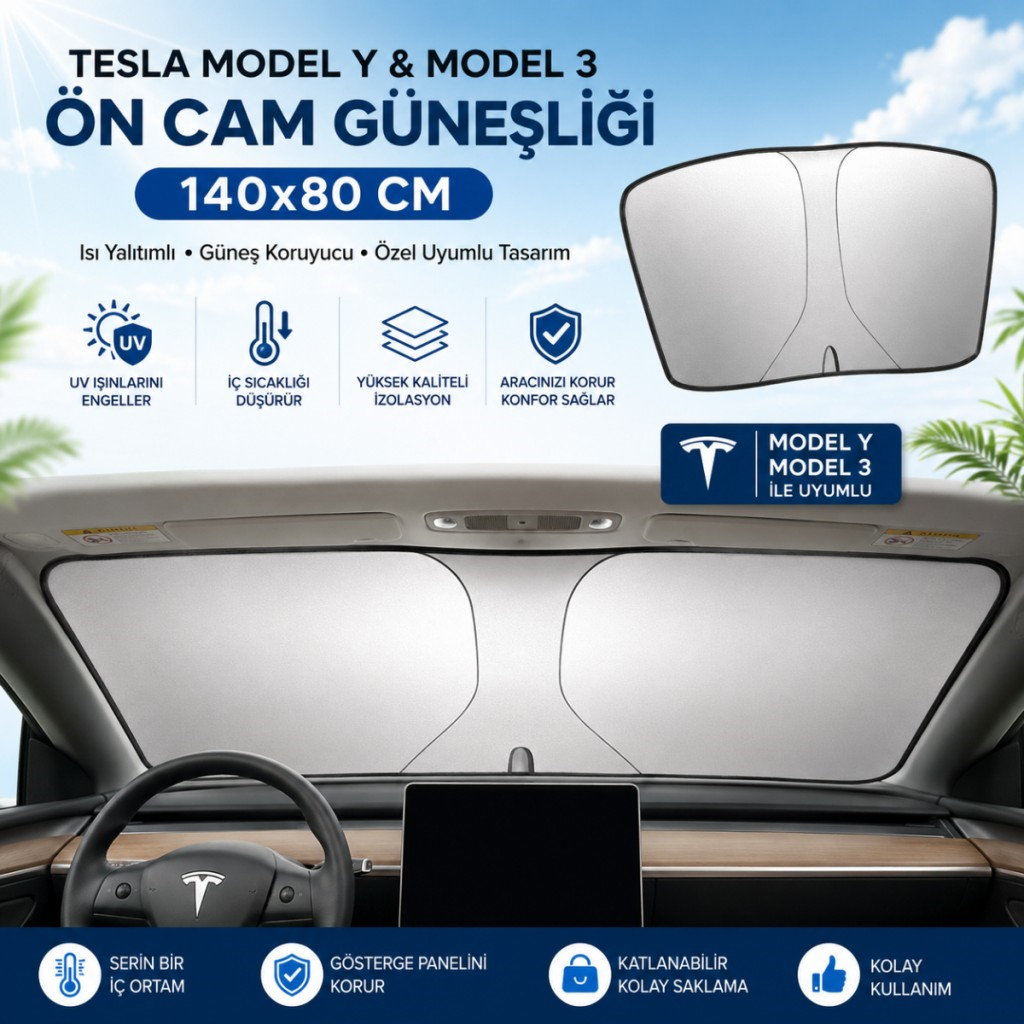 Polham 140x80 CM Tesla Model Y ve Model 3 İle Uyumlu Ön Cam Güneşliği, Isı Yalıtımlı Güneş Koruyucu