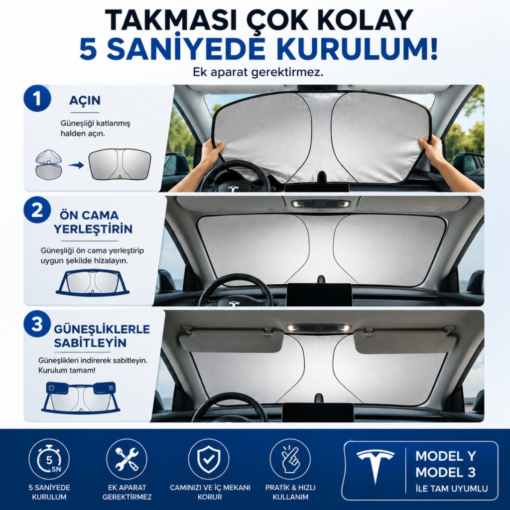 Polham 140x80 CM Tesla Model Y ve Model 3 İle Uyumlu Ön Cam Güneşliği, Isı Yalıtımlı Güneş Koruyucu