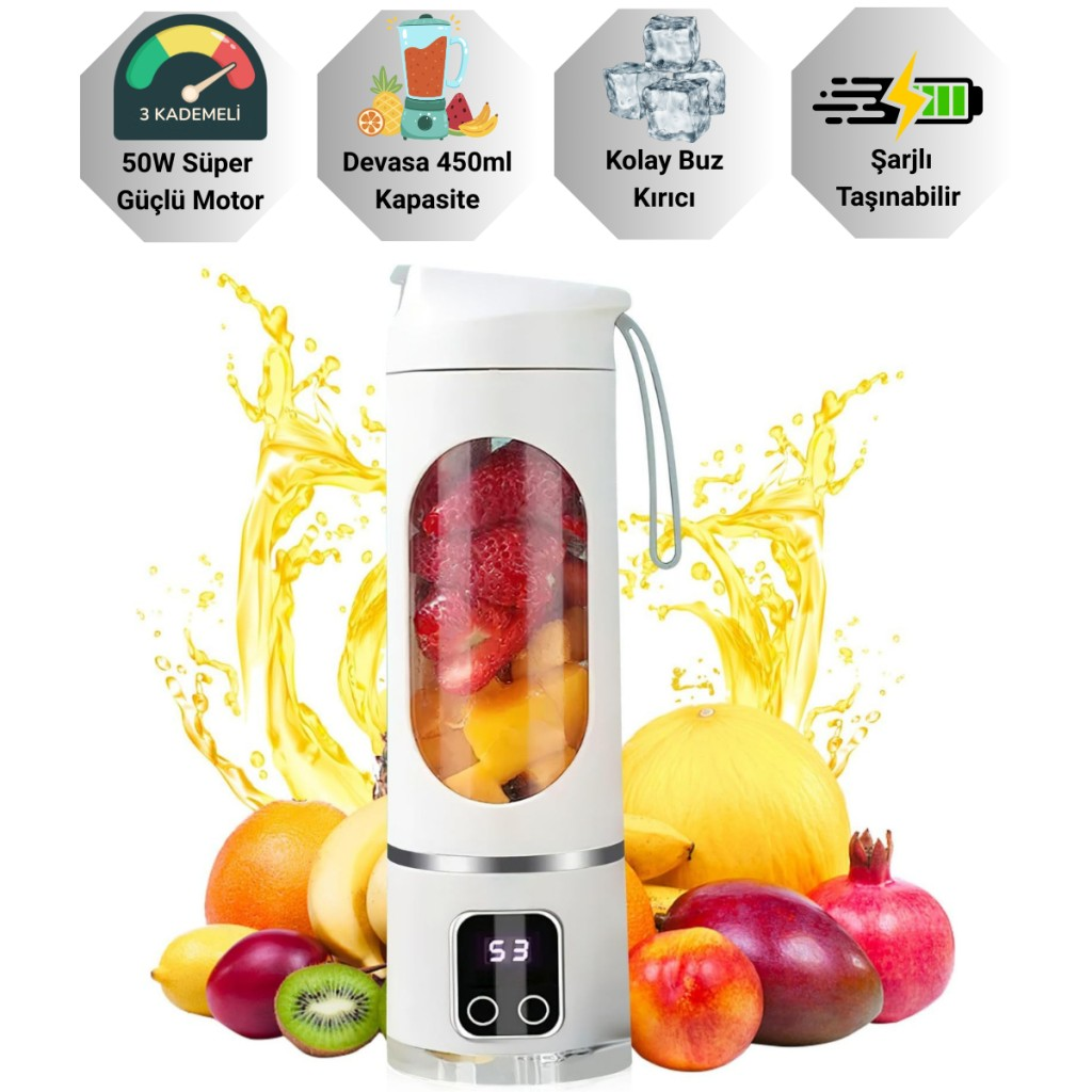 Polham 1500Mah Şarjlı Taşınabilir 12 Bıçaklı 50W Süper Güçlü Buz Kırıcı Kişisel Smoothie Blenderı
