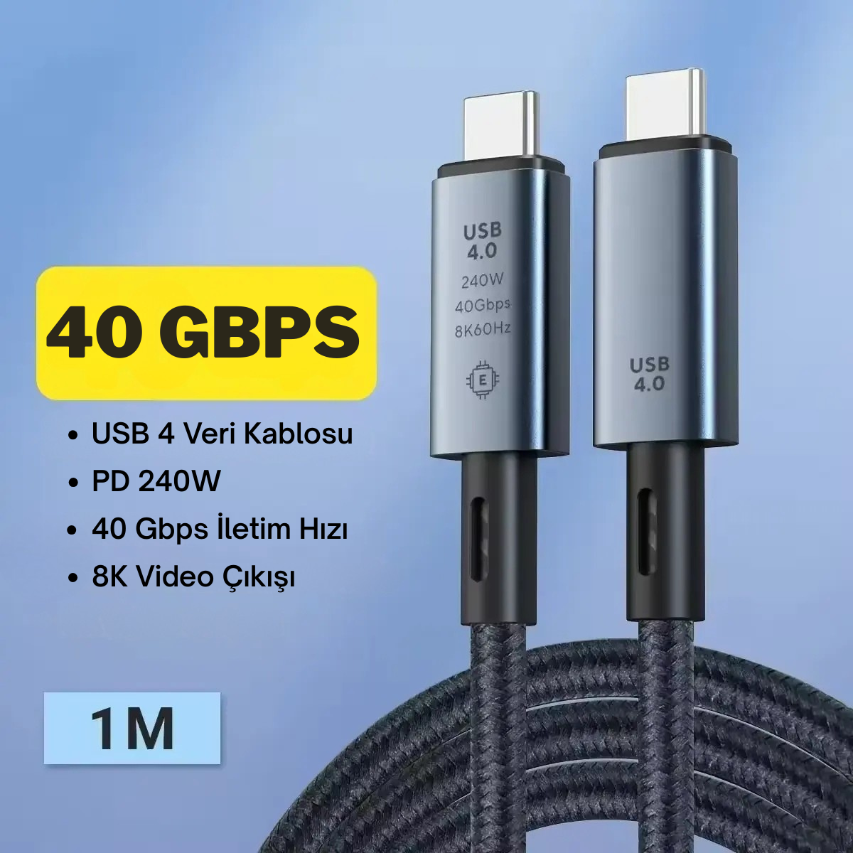 Polham 1MT USB 4.0 240W Thunderbolt Type-C to Type-C Şarj, Data ve 8K 60Hz Görüntü Aktarım Kablosu