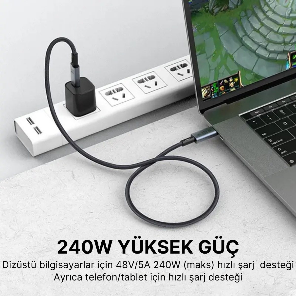 Polham 1MT USB 4.0 240W Thunderbolt Type-C to Type-C Şarj, Data ve 8K 60Hz Görüntü Aktarım Kablosu