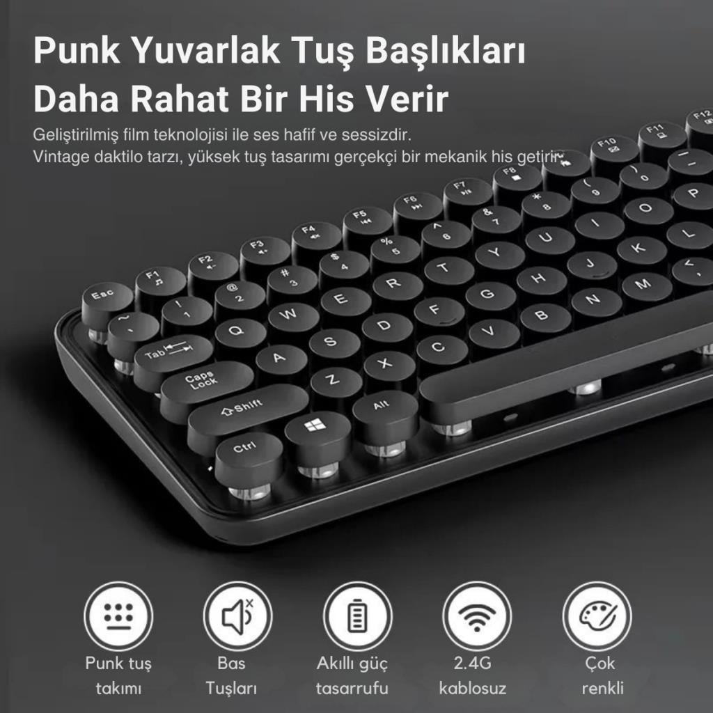 Polham 2.4Ghz Kablosuz Retro Klavye ve Mouse Seti, Tak Çalıştır Tüm Cihazlara Uyumlu Klavye Mouse Seti