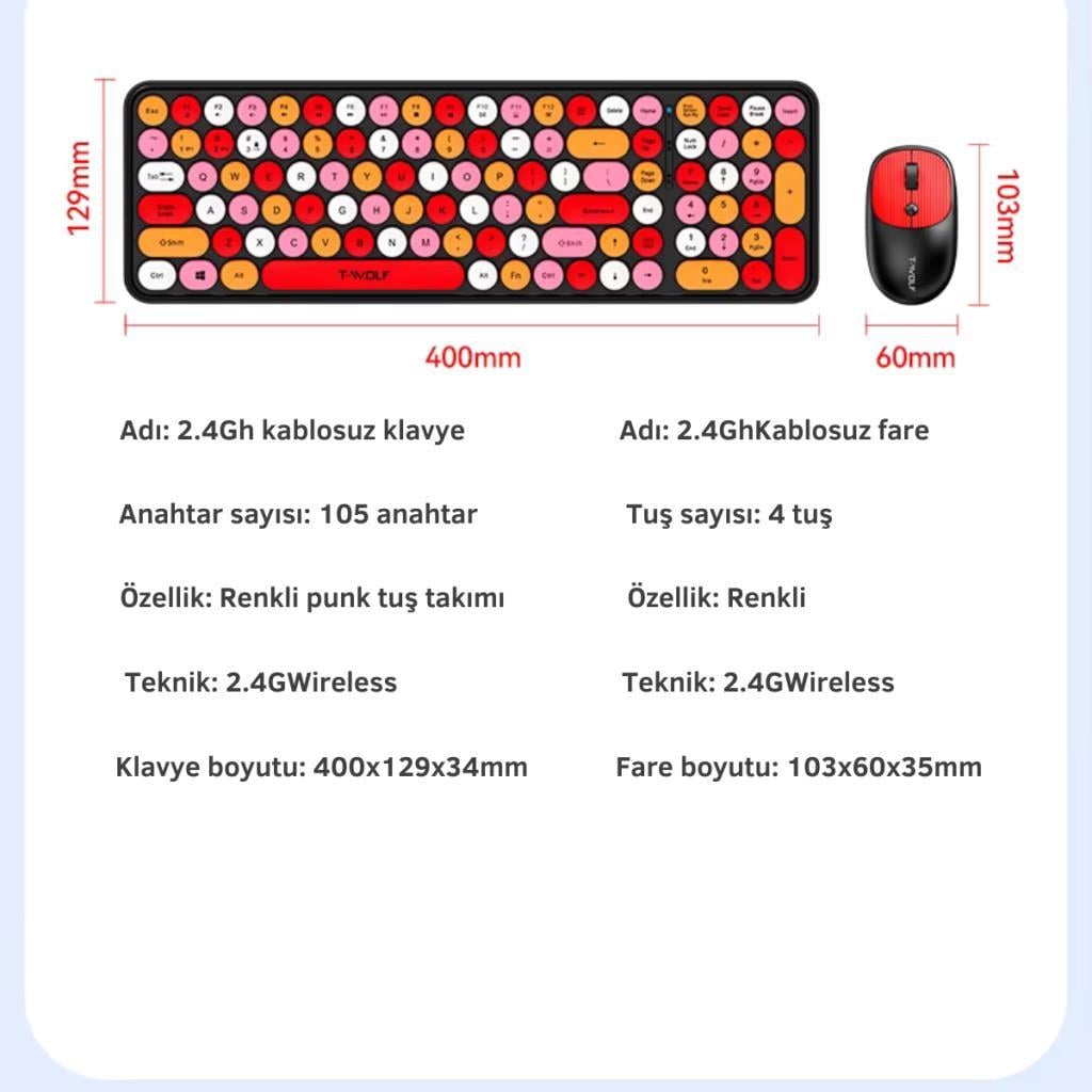 Polham 2.4Ghz Kablosuz Retro Klavye ve Mouse Seti, Tak Çalıştır Tüm Cihazlara Uyumlu Klavye Mouse Seti