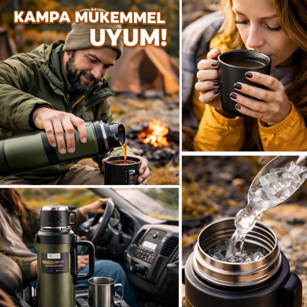 Polham 2 Litre Kamp Termosu–24 Saat Sıcak/36 Saat Soğuk, 316L Paslanmaz Çelik, Bardaklı ve Süzgeçli Termos