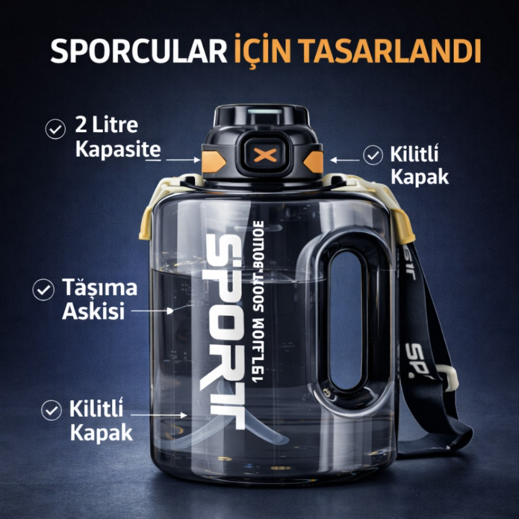 Polham 2 Litre Sporcu Su Matarası – Pipetli Açılır Kapak,Taşıma Askılı,Sızdırmaz Tasarım, BPA İçermez