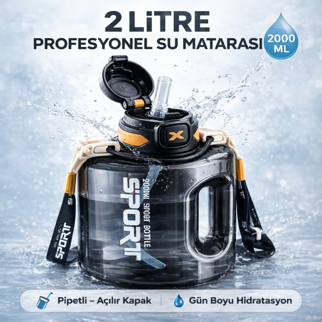 Polham 2 Litre Sporcu Su Matarası – Pipetli Açılır Kapak,Taşıma Askılı,Sızdırmaz Tasarım, BPA İçermez
