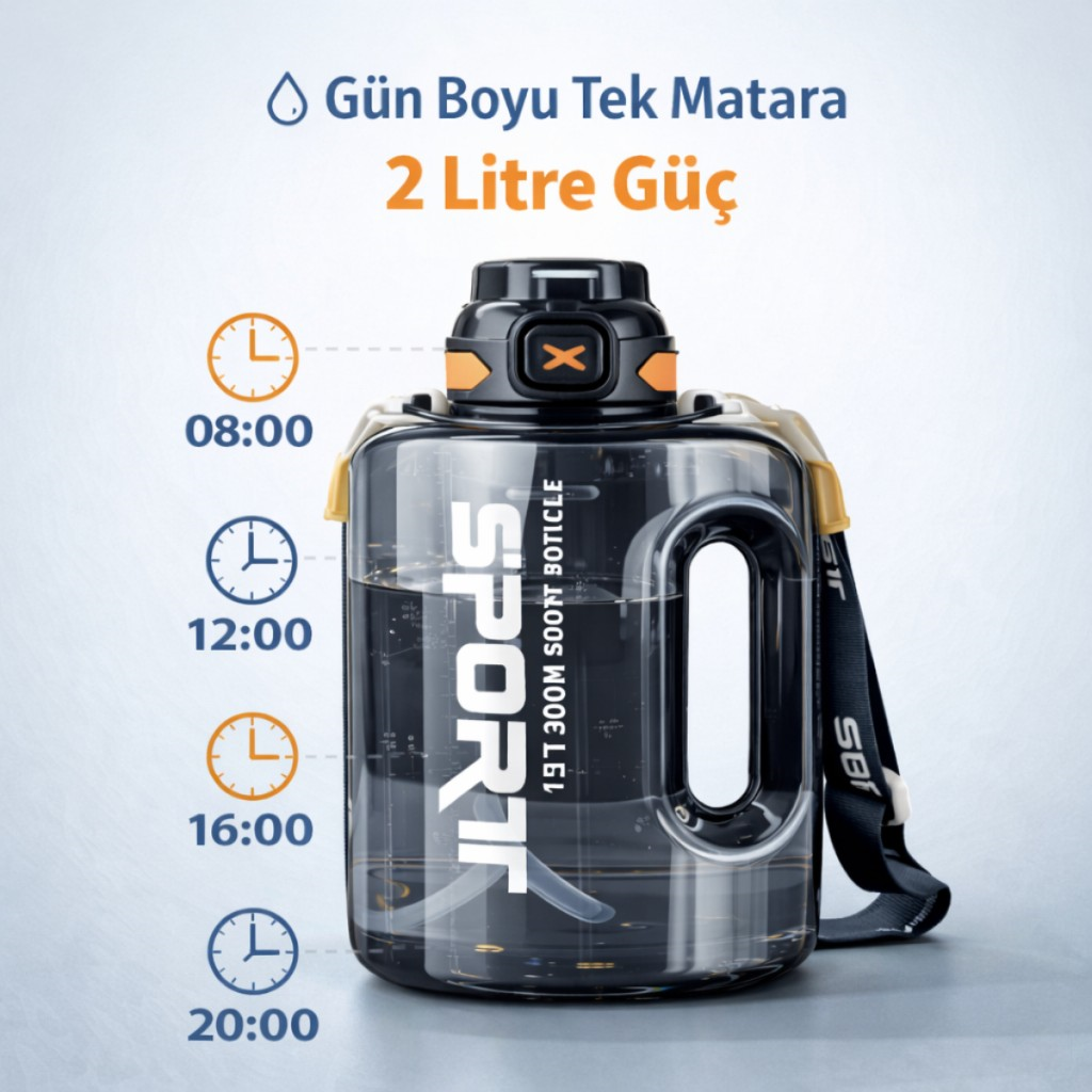 Polham 2 Litre Sporcu Su Matarası – Pipetli Açılır Kapak,Taşıma Askılı,Sızdırmaz Tasarım, BPA İçermez