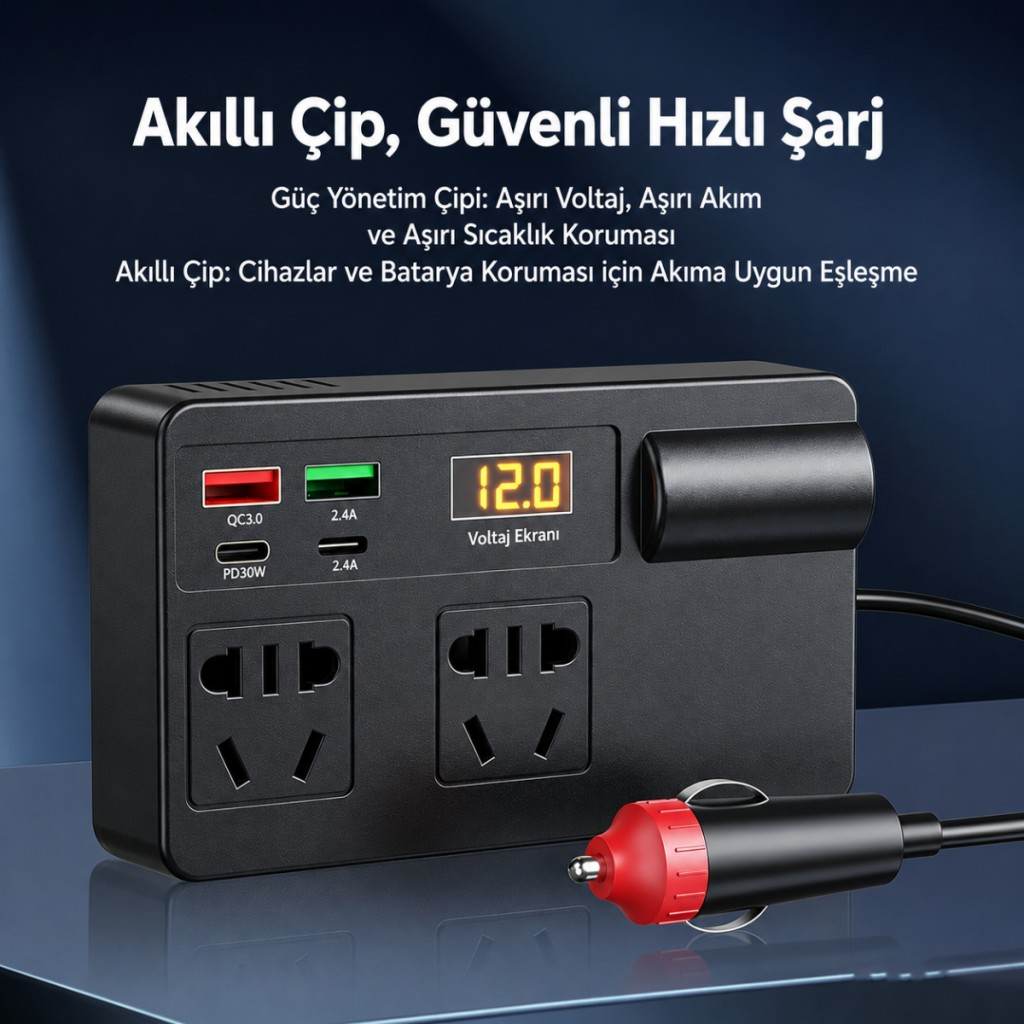 Polham 200W Araç İnvertörü 12V/24V → 220V | 2 Priz | 2x USB-C | 2x USB QC 3.0 | Dijital Ekranlı Şarj Güç Çoğaltıcı