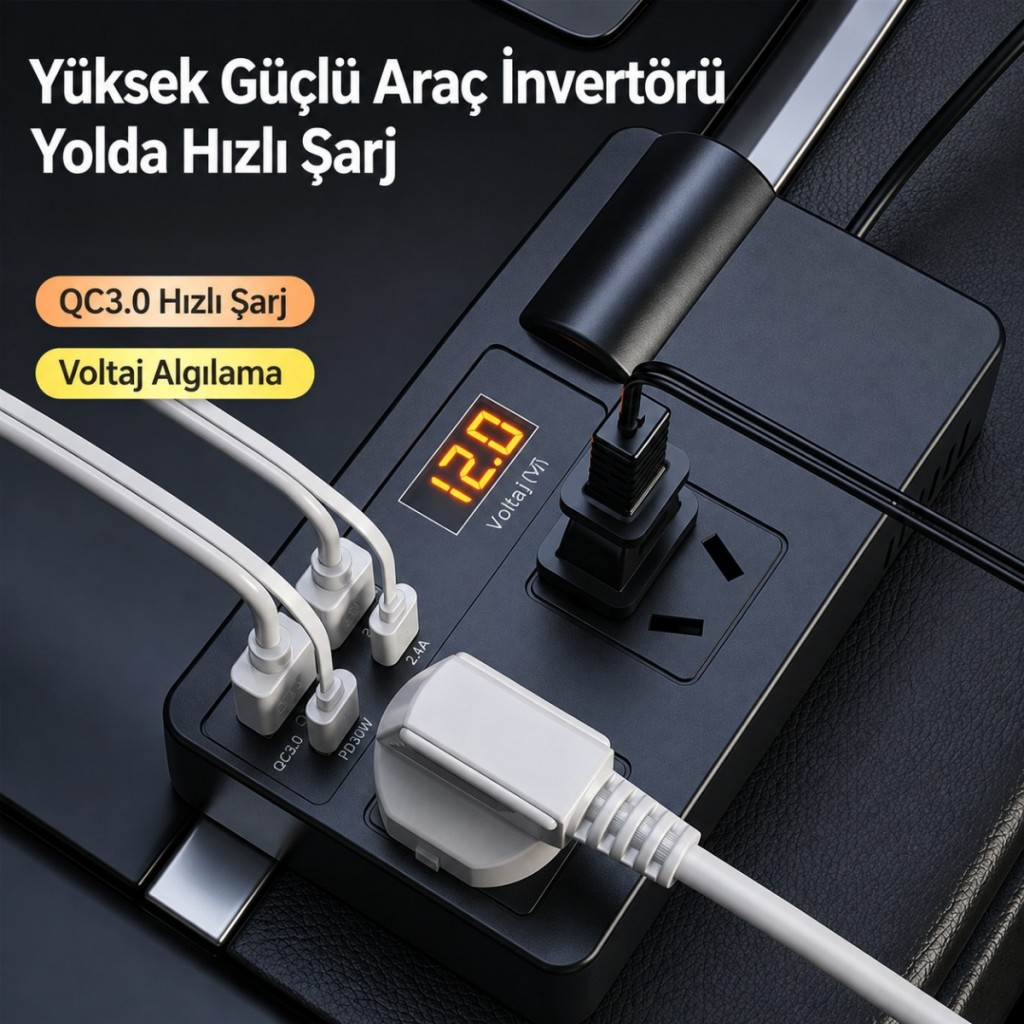 Polham 200W Araç İnvertörü 12V/24V → 220V | 2 Priz | 2x USB-C | 2x USB QC 3.0 | Dijital Ekranlı Şarj Güç Çoğaltıcı
