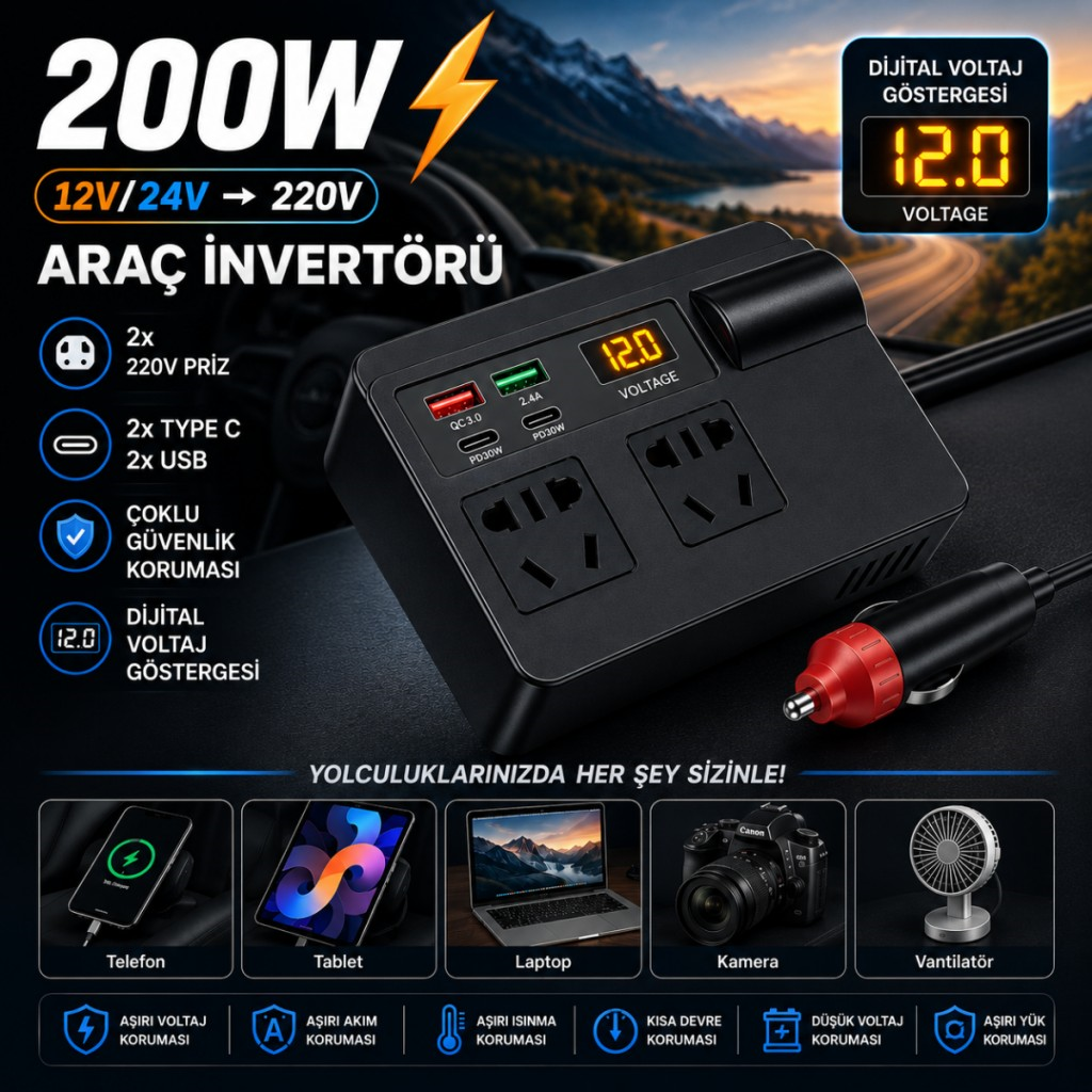 Polham 200W Araç İnvertörü 12V/24V → 220V | 2 Priz | 2x USB-C | 2x USB QC 3.0 | Dijital Ekranlı Şarj Güç Çoğaltıcı