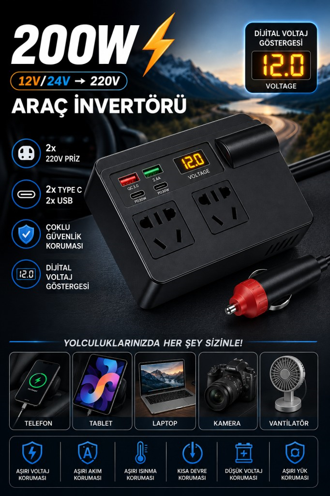 Polham 200W Araç İnvertörü 12V/24V → 220V | 2 Priz | 2x USB-C | 2x USB QC 3.0 | Dijital Ekranlı Şarj Güç Çoğaltıcı