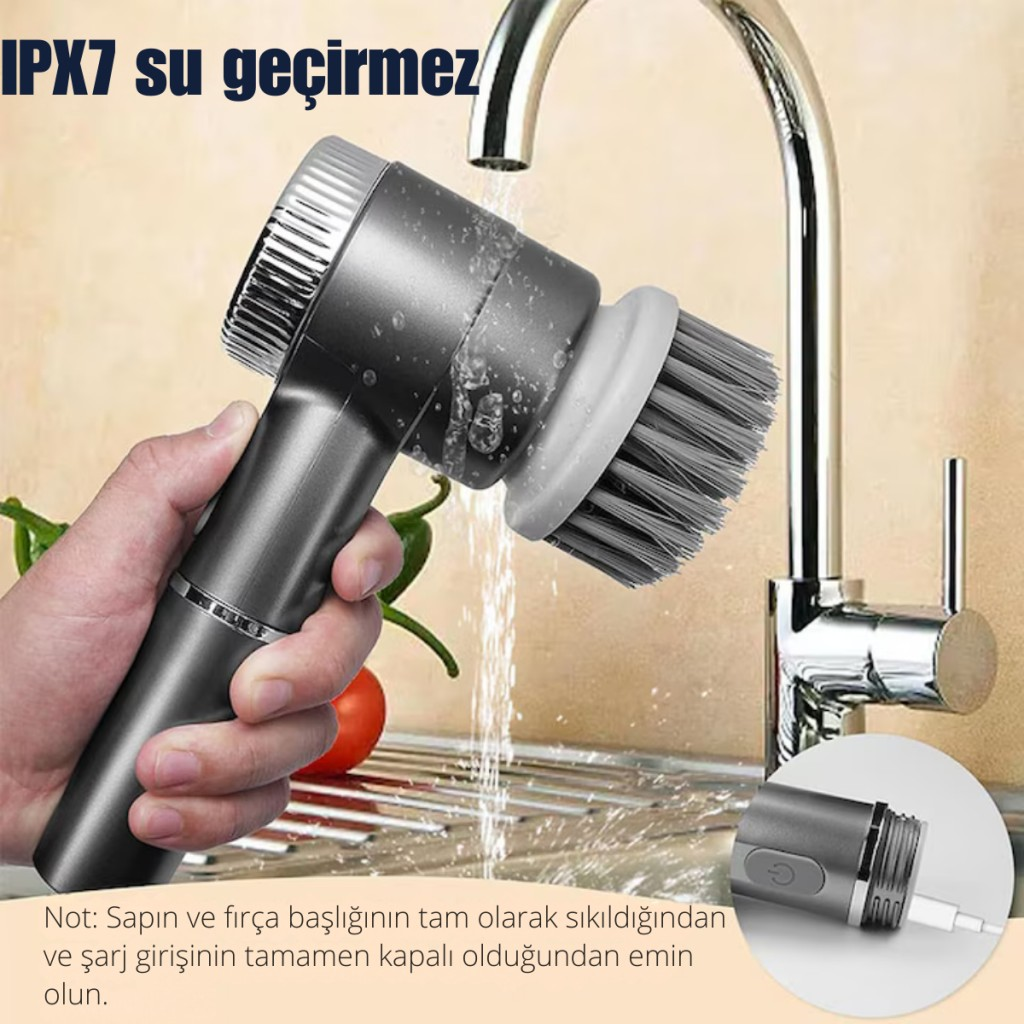Polham 2400RPM Hızlı Dijital Ekranlı 1200Mah Şarjlı 5 Başlıklı Çok Amaçlı Temizlik Fırça Seti, Mutfak, Banyo El Fırçası