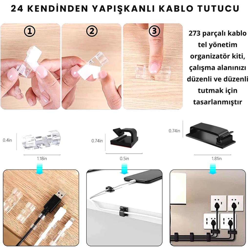 Polham 273 Parça Kablo Düzenleyici Organizer, Ev Ofis İçin Çok Fonksiyonlu Yanmaz Su Geçirmez Kablo Düzenleyici