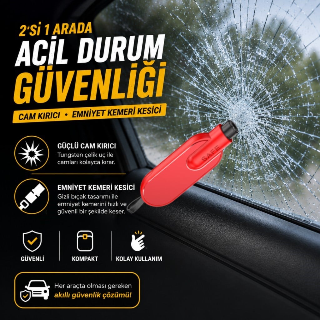 Polham 2in1 Anahtarlıklı Araç İçi Acil Durum Cam Kırıcı ve Emniyet Kemeri Kesici – Kompakt Oto Güvenlik Aparatı