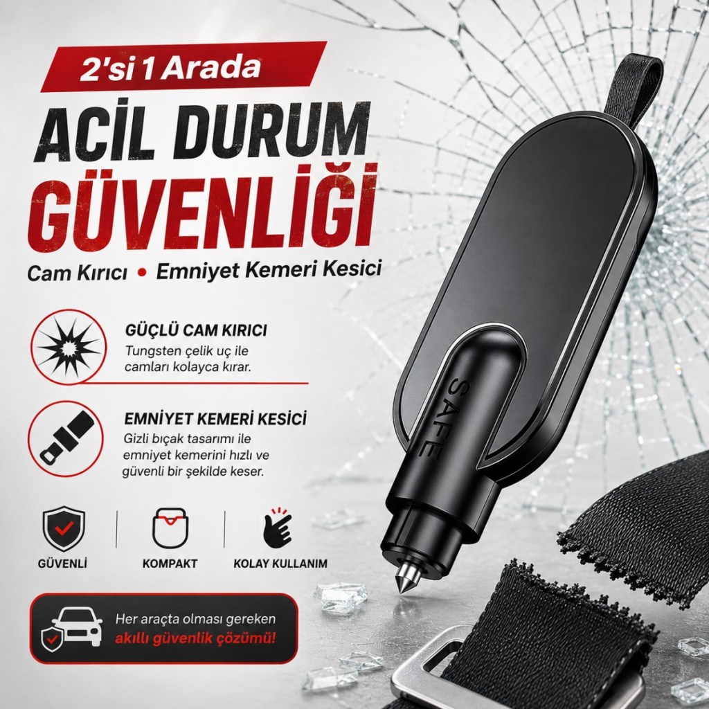 Polham 2in1 Anahtarlıklı Araç İçi Acil Durum Cam Kırıcı ve Emniyet Kemeri Kesici – Kompakt Oto Güvenlik Aparatı