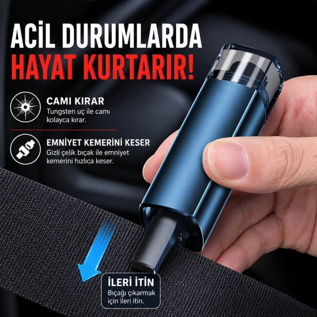Polham 2in1 Araç İçi Acil Durum Cam Kırıcı ve Emniyet Kemeri Kesici – Tungsten Çelik Uçlu Güvenlik Aparatı