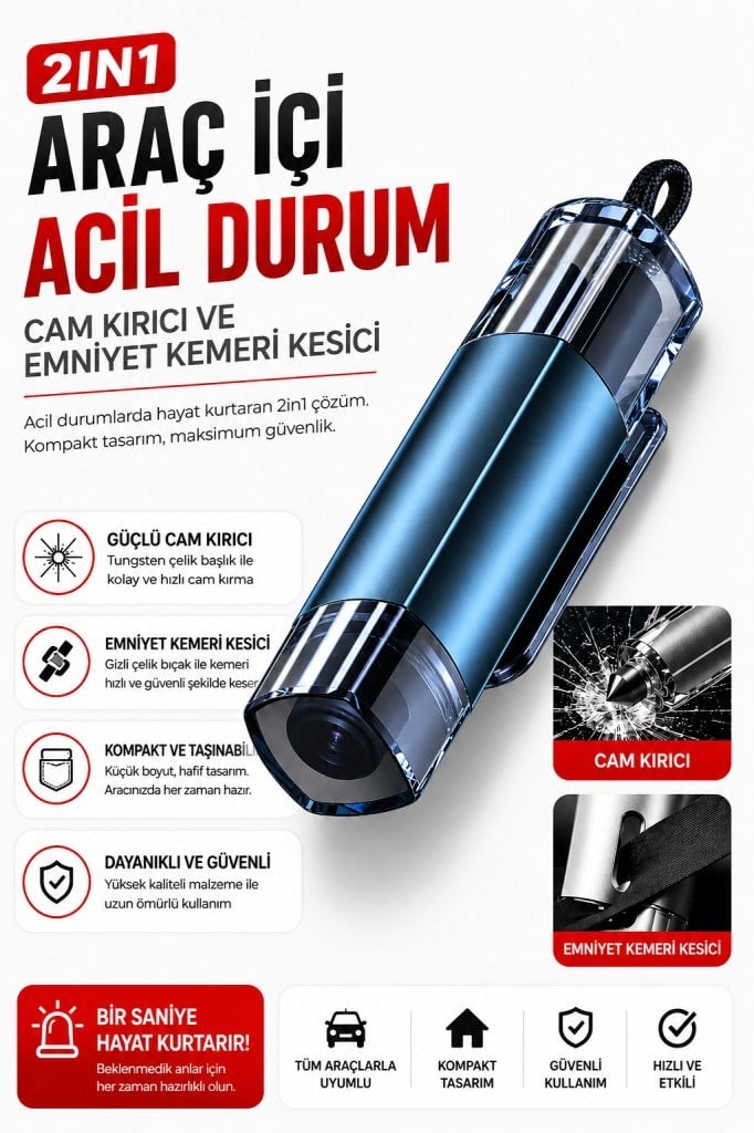 Polham 2in1 Araç İçi Acil Durum Cam Kırıcı ve Emniyet Kemeri Kesici – Tungsten Çelik Uçlu Güvenlik Aparatı