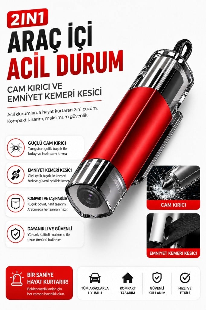 Polham 2in1 Araç İçi Acil Durum Cam Kırıcı ve Emniyet Kemeri Kesici – Tungsten Çelik Uçlu Güvenlik Aparatı