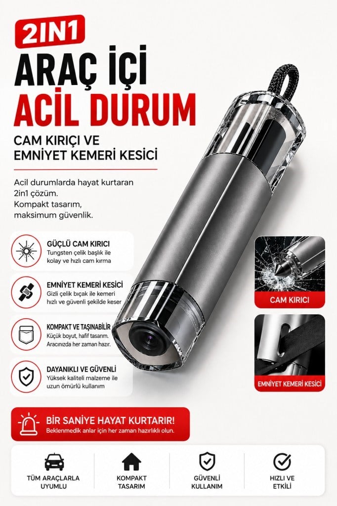 Polham 2in1 Araç İçi Acil Durum Cam Kırıcı ve Emniyet Kemeri Kesici – Tungsten Çelik Uçlu Güvenlik Aparatı