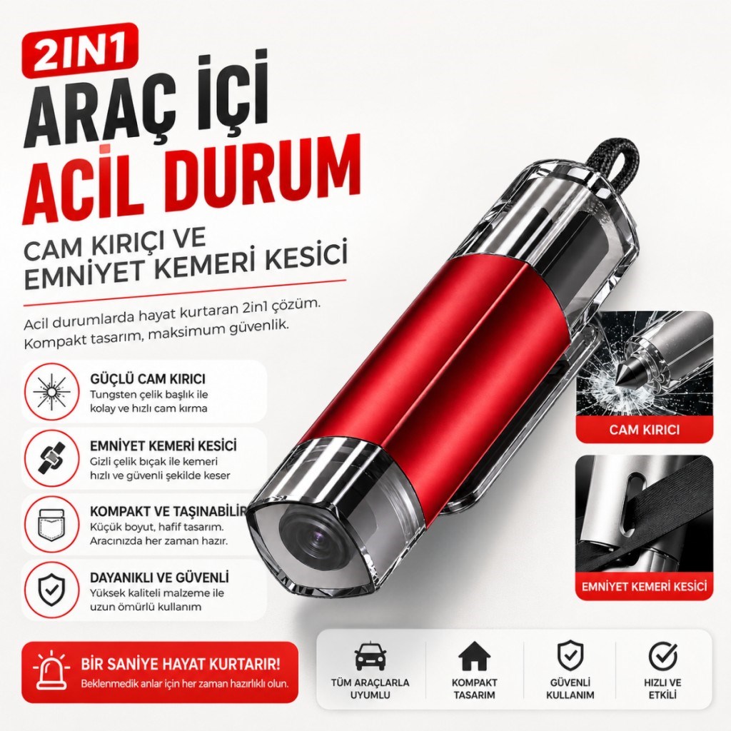 Polham 2in1 Araç İçi Acil Durum Cam Kırıcı ve Emniyet Kemeri Kesici – Tungsten Çelik Uçlu Güvenlik Aparatı
