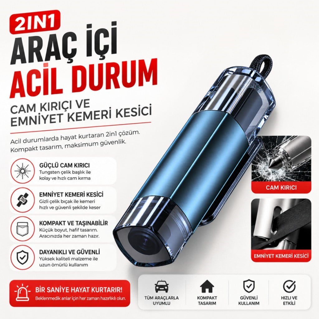 Polham 2in1 Araç İçi Acil Durum Cam Kırıcı ve Emniyet Kemeri Kesici – Tungsten Çelik Uçlu Güvenlik Aparatı