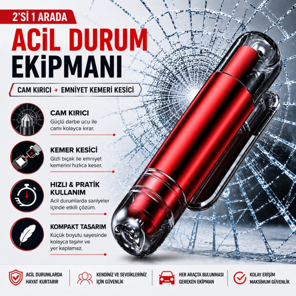 Polham 2in1 Arada Araç İçi Acil Durum Cam Kırıcı ve Emniyet Kemeri Kesici – Kompakt Oto Güvenlik ve Acil Çıkış Aparatı