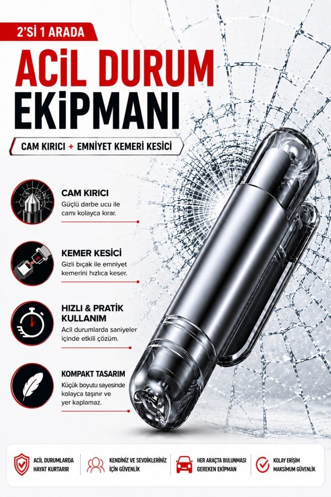 Polham 2in1 Arada Araç İçi Acil Durum Cam Kırıcı ve Emniyet Kemeri Kesici – Kompakt Oto Güvenlik ve Acil Çıkış Aparatı