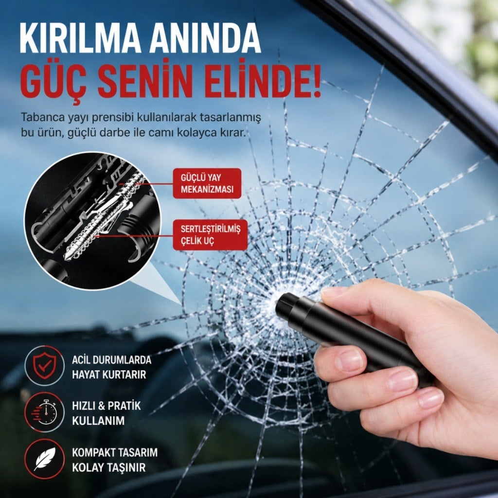Polham 2in1 Arada Araç İçi Acil Durum Cam Kırıcı ve Emniyet Kemeri Kesici – Kompakt Oto Güvenlik ve Acil Çıkış Aparatı
