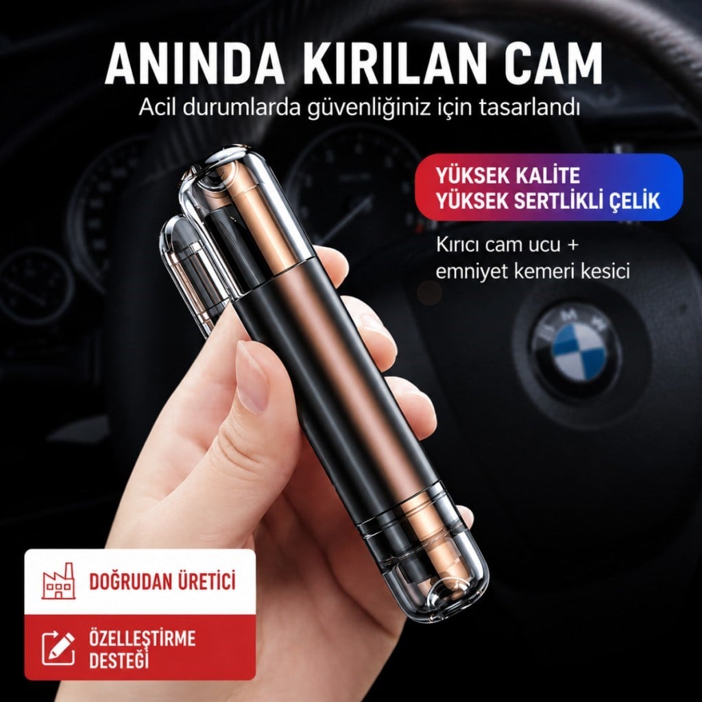 Polham 2in1 Arada Araç İçi Acil Durum Cam Kırıcı ve Emniyet Kemeri Kesici – Kompakt Oto Güvenlik ve Acil Çıkış Aparatı