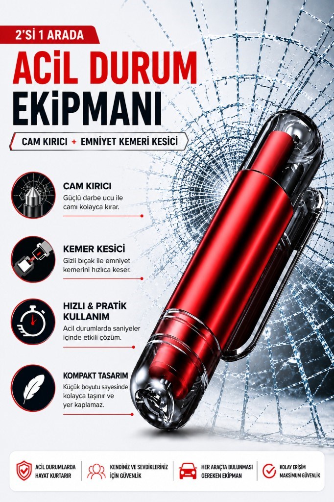 Polham 2in1 Arada Araç İçi Acil Durum Cam Kırıcı ve Emniyet Kemeri Kesici – Kompakt Oto Güvenlik ve Acil Çıkış Aparatı