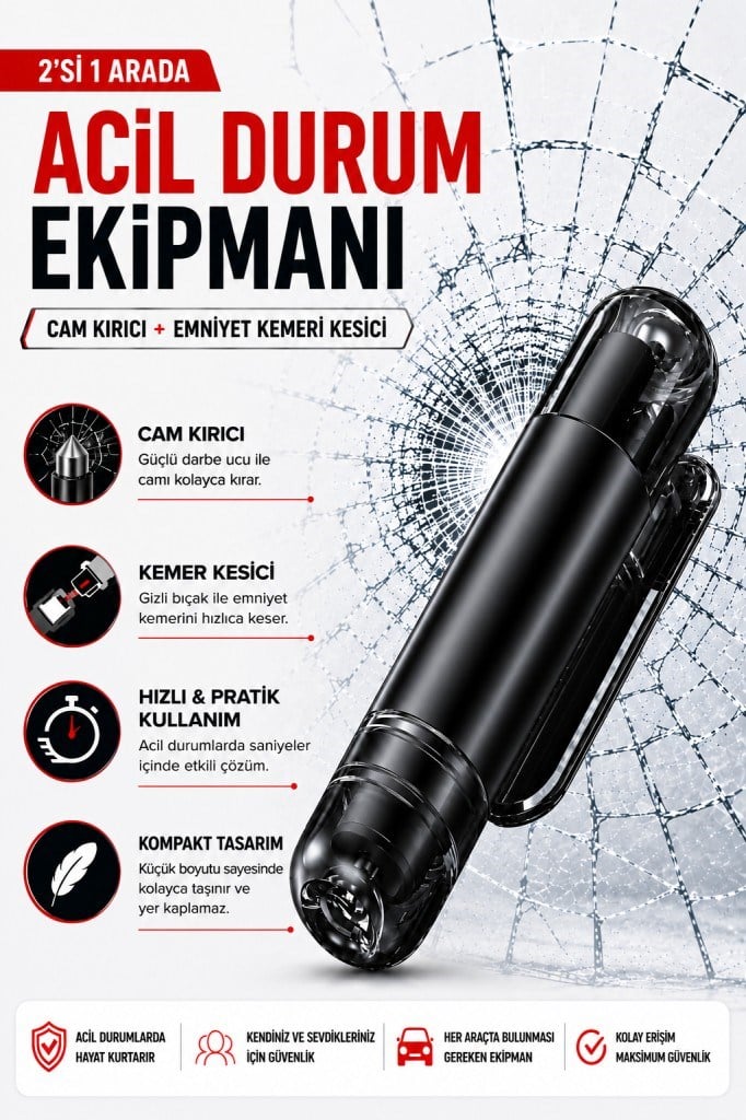 Polham 2in1 Arada Araç İçi Acil Durum Cam Kırıcı ve Emniyet Kemeri Kesici – Kompakt Oto Güvenlik ve Acil Çıkış Aparatı