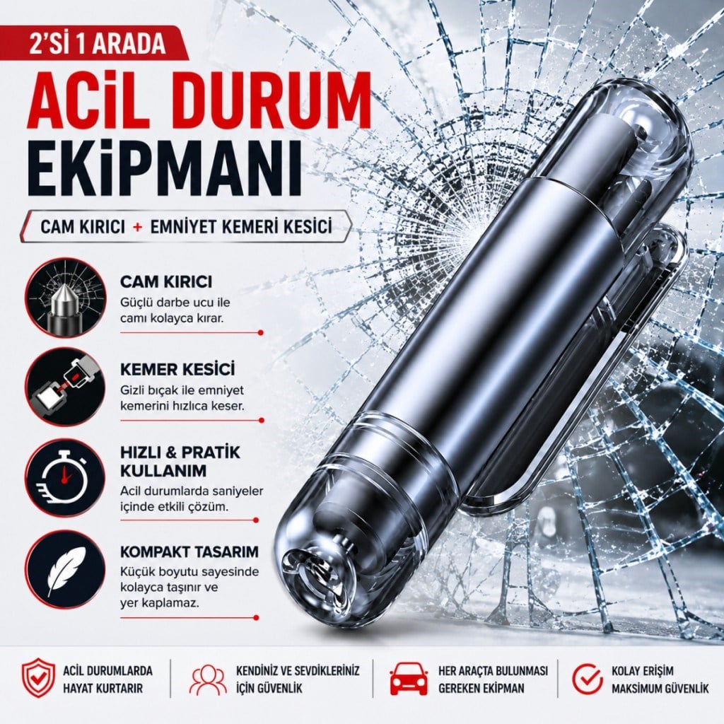Polham 2in1 Arada Araç İçi Acil Durum Cam Kırıcı ve Emniyet Kemeri Kesici – Kompakt Oto Güvenlik ve Acil Çıkış Aparatı