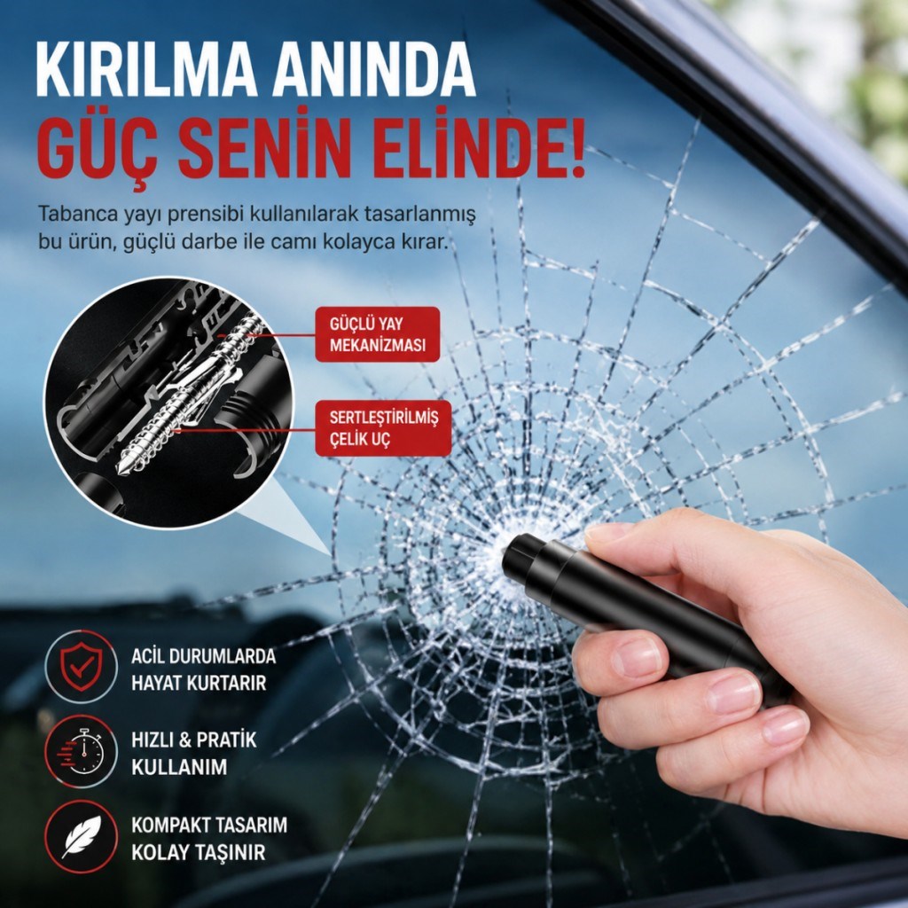 Polham 2in1 Arada Araç İçi Acil Durum Cam Kırıcı ve Emniyet Kemeri Kesici – Kompakt Oto Güvenlik ve Acil Çıkış Aparatı