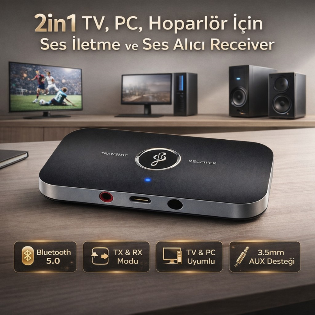 Polham 2in1 TV, PC, Hoparlör İçin Ses İletme ve Ses Alıcı Receiver Transmitter Adaptör, Bataryalı