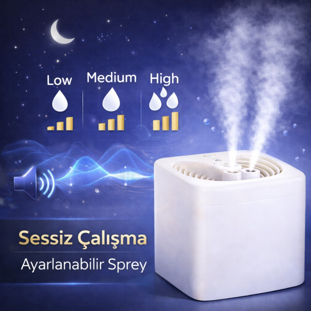 Polham 3 Litre Ultrasonik Hava Nemlendirici, Buhar Makinası Sprey, Koku Eklenebilir Çift Püskürtmeli Nemlendirici