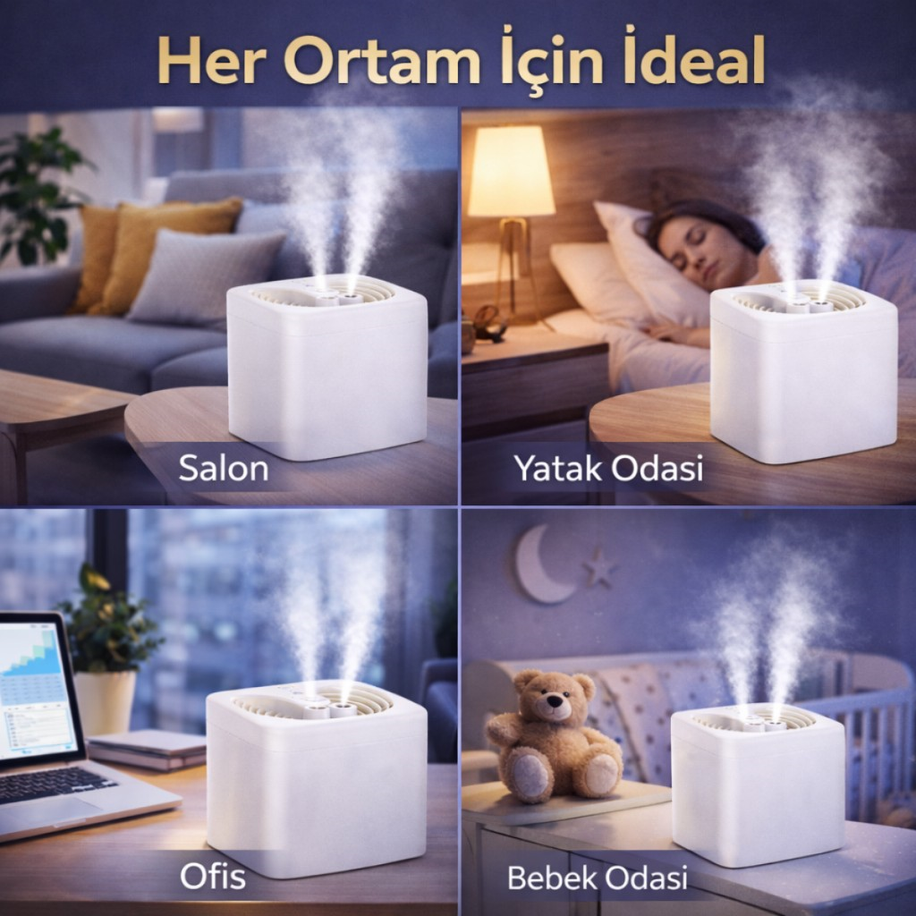 Polham 3 Litre Ultrasonik Hava Nemlendirici, Buhar Makinası Sprey, Koku Eklenebilir Çift Püskürtmeli Nemlendirici