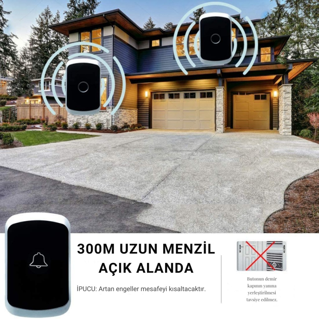 Polham 300 Metre Uzun Menzilli Kablosuz Kapı Zili, Ev, Ofis, İş Yeri, Yazlık İçin Yüksek Sesli Kapı Zili