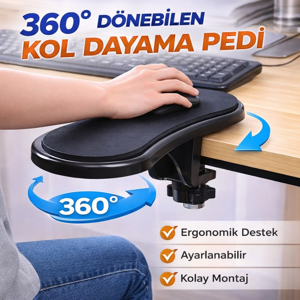 Polham 360 Derece Dönebilen Sıkıştırmalı Kol Dayama Pedi, Masa, Sandalye İçin Kol Desteği, Ayarlanabilir