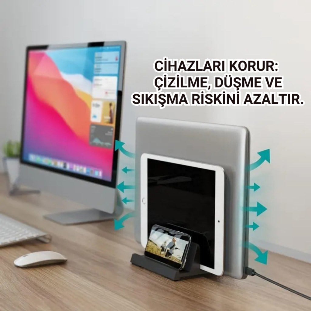 Polham 3in1 Arada Ayarlanabilir Metal Dikey Laptop Standı – Laptop, Tablet ve Telefon Tutucu,Ayarlanabilir Genişlikli