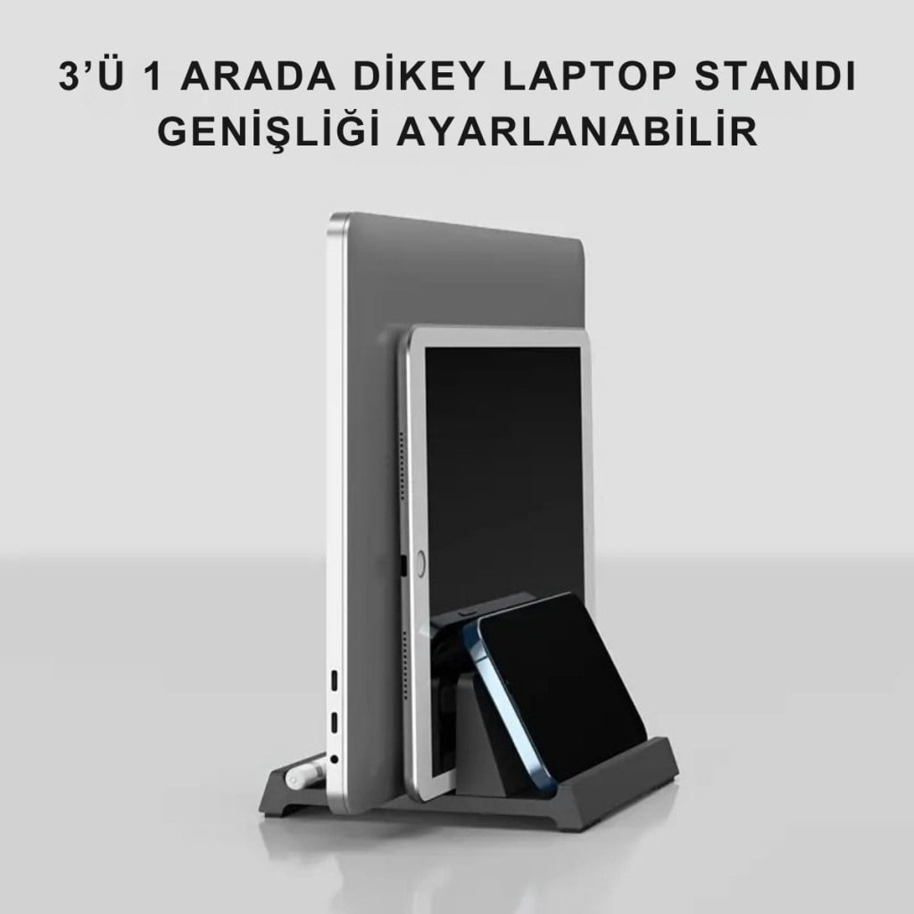 Polham 3in1 Arada Ayarlanabilir Metal Dikey Laptop Standı – Laptop, Tablet ve Telefon Tutucu,Ayarlanabilir Genişlikli