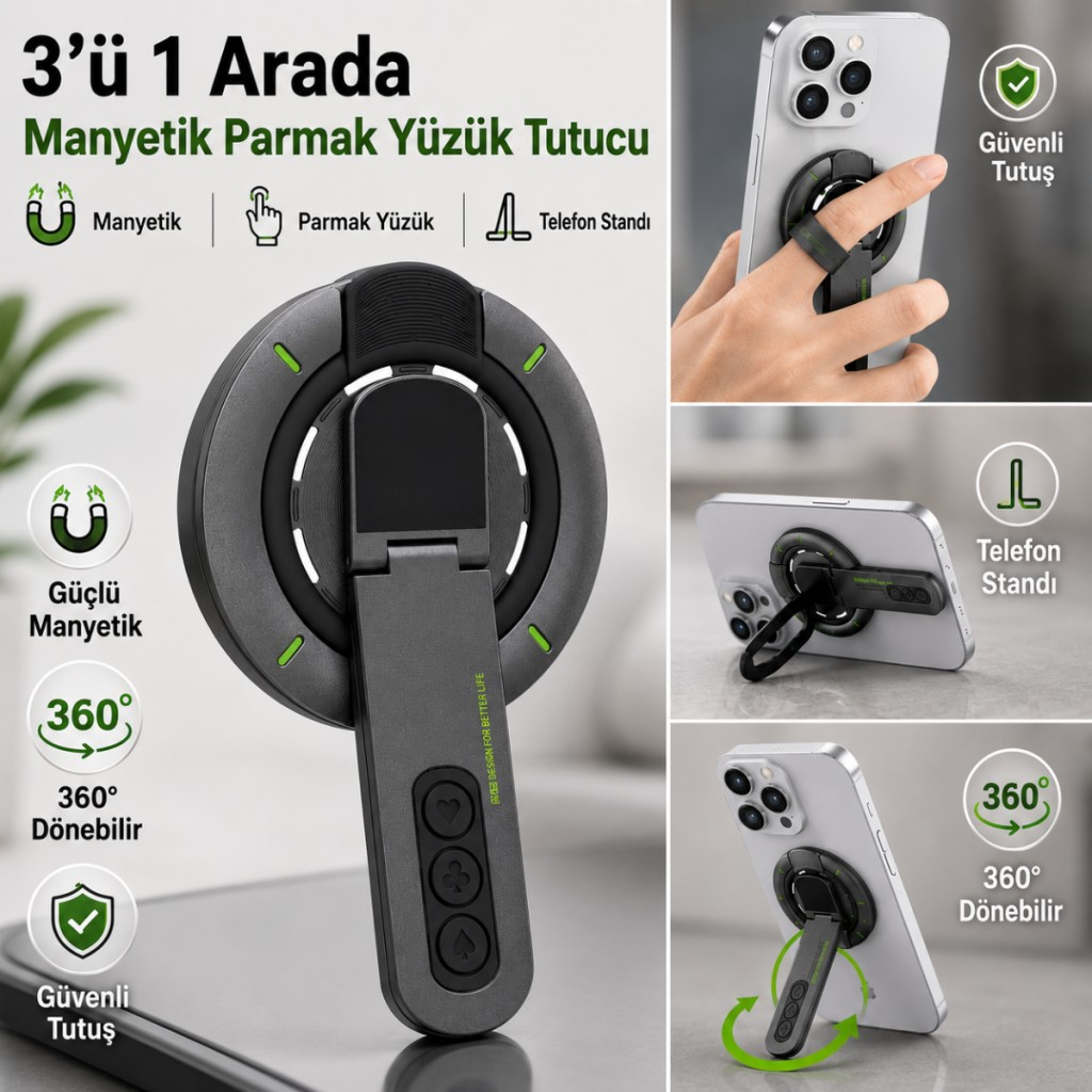 Polham 3in1 Manyetik Telefon Tutucu – 360° Döner Parmak Yüzük ve Ayarlanabilir Telefon Standı, Ful Metal Stand