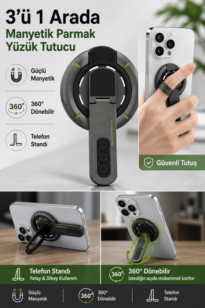 Polham 3in1 Manyetik Telefon Tutucu – 360° Döner Parmak Yüzük ve Ayarlanabilir Telefon Standı, Ful Metal Stand