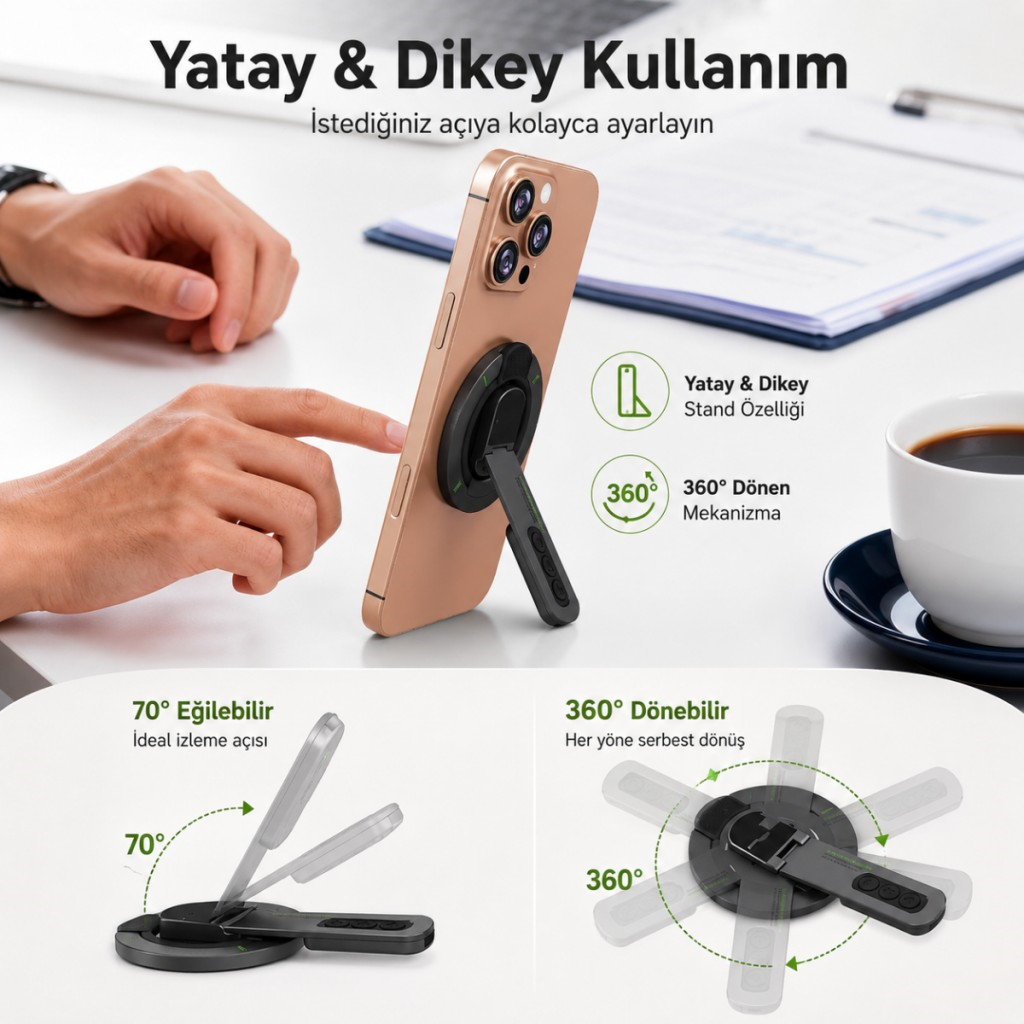 Polham 3in1 Manyetik Telefon Tutucu – 360° Döner Parmak Yüzük ve Ayarlanabilir Telefon Standı, Ful Metal Stand